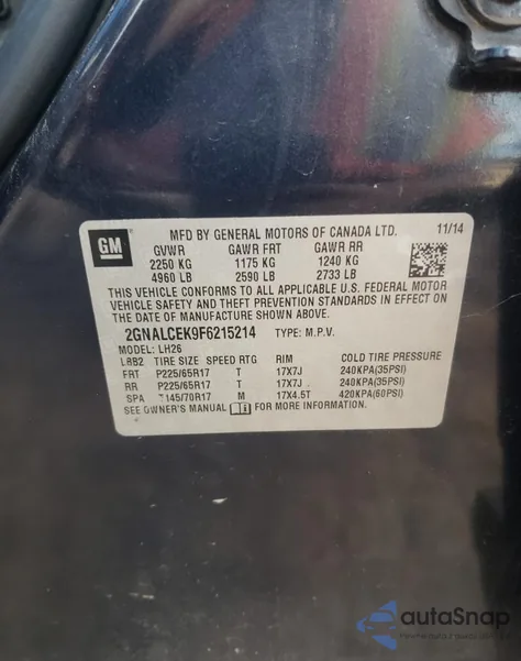 2015 Chevrolet Equinox Lt z USA, uszkodzony, nr VIN 2GNALCEK9F6215214